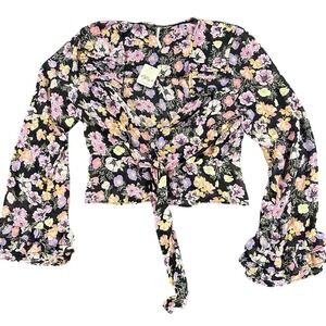 NWT Free People Floral Blouse Top Womens Small Sheer Cropped Ruffle Festival